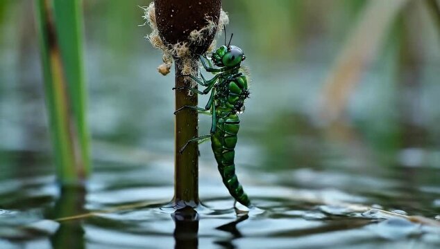 Green Dragonfly Nymph Climbing Reed in Wetland Pond Macro Shot