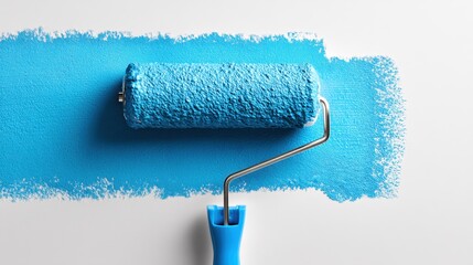 Blue paint roller applying fresh coat on white wall surface.