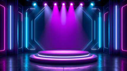 Neon show light podium futuristic background. Vector
