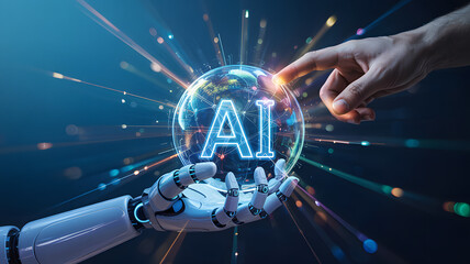 Human hand interacts with artificial intelligence sphere held by robotic arm in a futuristic digital environment with bright glowing light effects