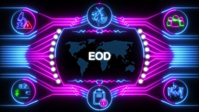 Neon End of Day EOD Concept with Glowing Purple Blue Lights and Icons