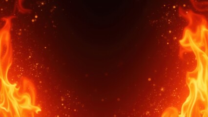 fiery abstract background with glowing red orange flames bursting from corners forming natural frame flying sparks and subtle smoke effects dramatic fire composition with dark center 