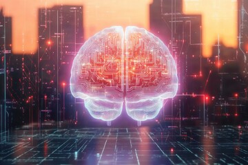 glowing holographic brain with circuitry floating above a digital grid before a blurred sunset city skyline, evoking futuristic wonder and innovation
