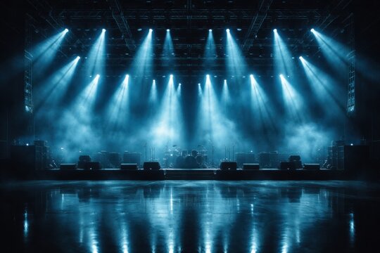 Empty concert stage with blue spotlights and haze, beams cutting through smoke, glossy floor reflections, symmetrical lighting rig, dramatic atmosphere for music show, event, performance background.