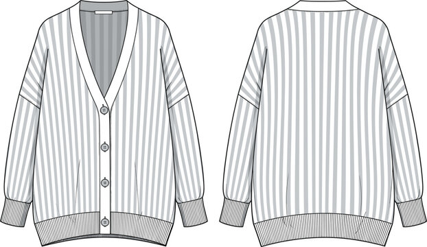 Technical fashion sketch of women oversized knit cardigan with V neck and drop shoulder front and back view isolated on white for apparel design development.