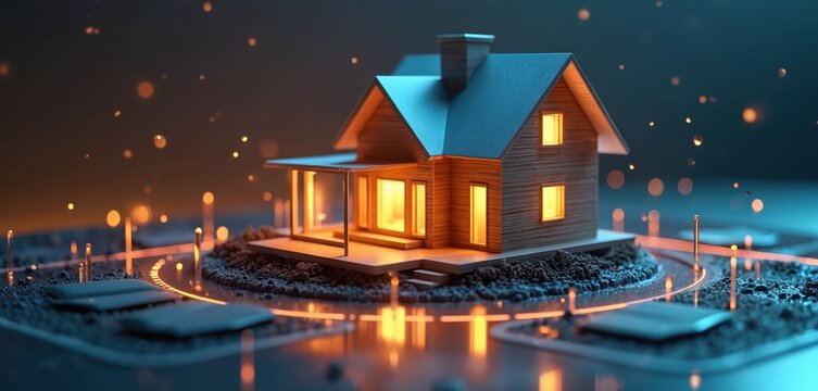 Model house glows on digital platform with abstract data chart. Futuristic estate concept shows property growth. Real estate investment planning with futuristic tech. - Powered by Adobe