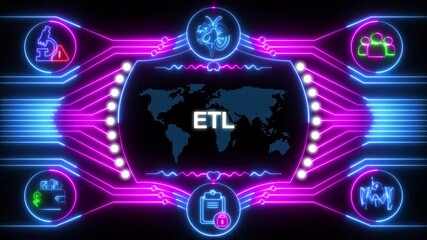 ETL process neon concept, data integration, business intelligence, glowing pink blue lights - Powered by Adobe