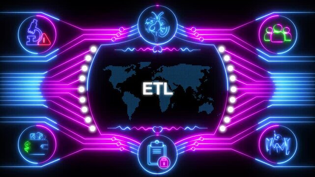 ETL process neon concept, data integration, business intelligence, glowing pink blue lights