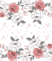 seamless pattern with roses. A seamless floral pattern featuring elegant peony blossoms in soft red, blush pink, white tones, with delicate leaves and scattered petals on a light textured background.