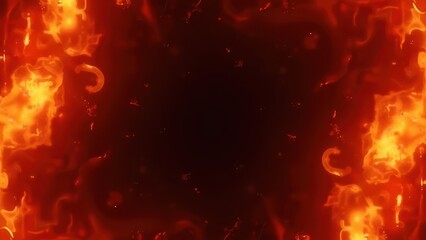 fiery abstract background with glowing red orange flames bursting from corners forming natural frame flying sparks and subtle smoke effects dramatic fire composition with dark center 