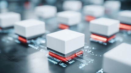 Glowing microchips on circuit board represent advanced computing and AI hardware.

