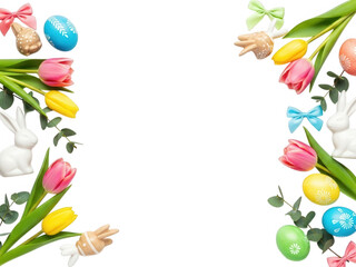 Beautiful easter border with tulips and eggs isolated on transparent background