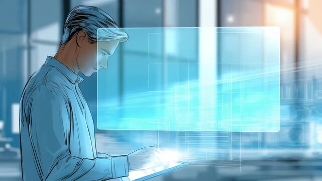 A young professional uses a digital tablet in a modern office, surrounded by virtual data streams and futuristic technology. Innovation and productivity define the workplace atmosphere