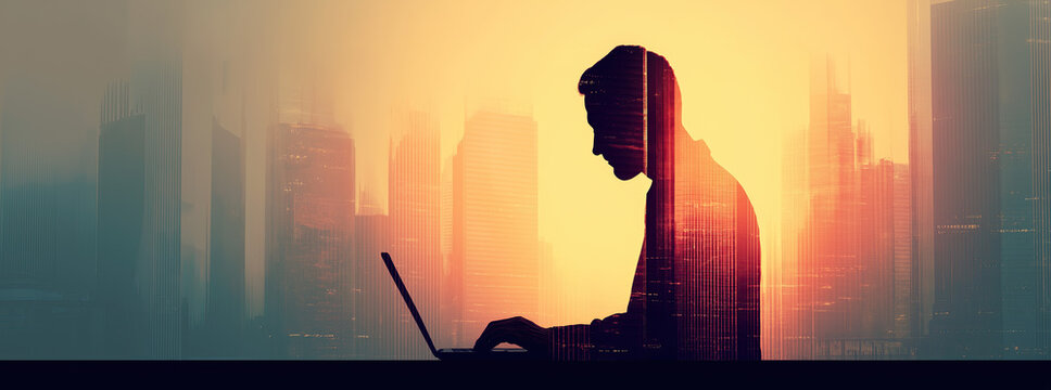 Silhouette laptop user overlays cityscape, implying cybersecurity risk and hacking.
