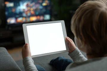 Child holds tablet while watching a screen in living room during the afternoon, engaged in digital activity and entertainment