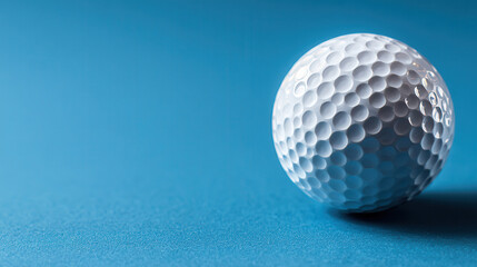 White golf ball on blue surface with texture and shadow from light source in well-lit setting