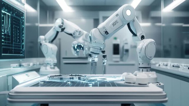 Advanced robotic arms conduct scientific research in a modern laboratory setting focused on innovation