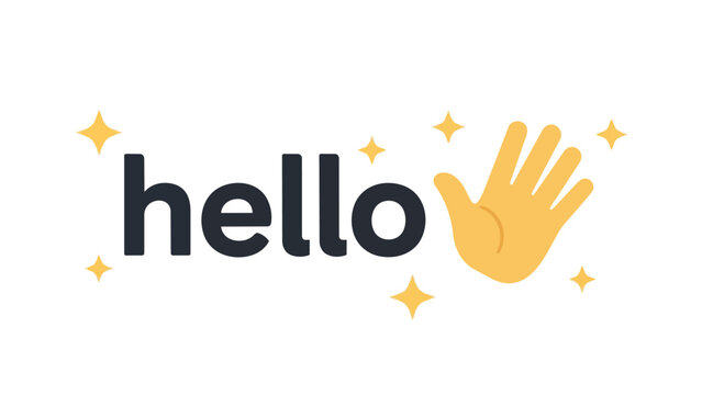 Bright digital 'hello' graphic featuring a waving hand and cheerful sparkles for a warm welcome