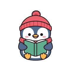Obraz premium Penguin Reading Book Vector Illustration