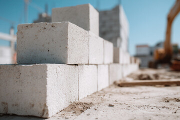 Construction site with stacked cement blocks during daytime in urban area