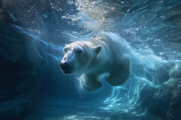 Polar bear swims underwater in clear blue water in a natural habitat during daylight