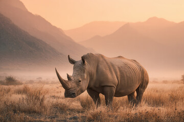 Rhino walks through dry grass in a large landscape during sunset in the mountains