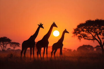 Three giraffes stand together at sunset against a colorful sky in an African landscape with trees in the background