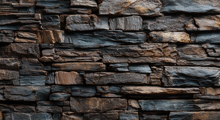 Surface of stacked stones with various shapes and sizes arranged in a pattern at a construction site during daylight hours