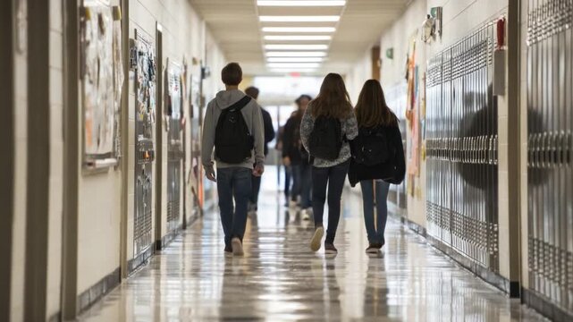 Students' Stroll: Students walk down a school corridor, the scene captures everyday school life with students going about their day.