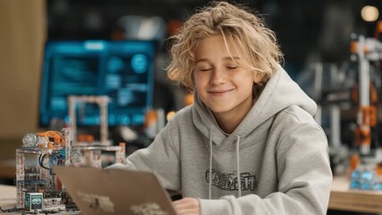 Teen boy smiling while coding energy-optimization algorithm on laptop in maker lab night, solar models and 3D printers around - Powered by Adobe
