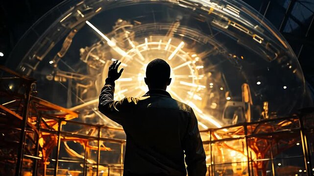 Scientist studies lab experiment. A scientist stands in front of a large machine, waving hand while lights and patterns display in a research facility.