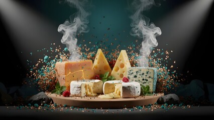 An opulent gourmet cheese platter showcased under dramatic spotlights and smoke effects