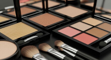 Premium Makeup Palettes and Brushes Close-up. Professional Cosmetic Products for Beauty Industry Advertising and E-commerce Campaign.
