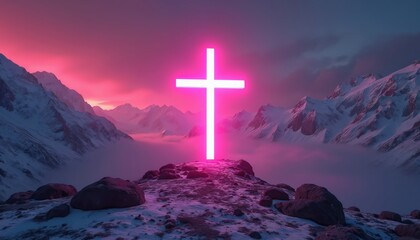 Pink neon glowing cross stands high on rocky, snowy mountain peak. Majestic white peaks, vibrant pink purple gradient sky, deep fog fill valleys below. Dramatic ethereal scene creates mystical