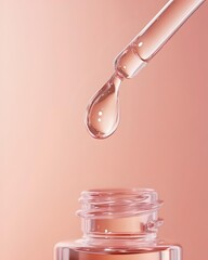 premium skincare macro of glass dropper releasing serum drop above frosted bottle
