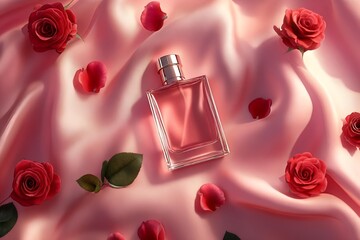 luxury valentine cosmetics mockup with perfume bottle on pink satin and red roses