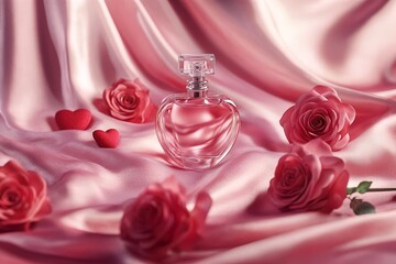 luxury valentine cosmetics mockup with perfume bottle on pink satin and red roses