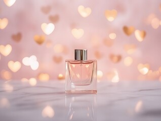 minimal perfume bottle on white marble with golden heart bokeh