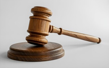 Wooden gavel resting on a wooden block in a courtroom setting