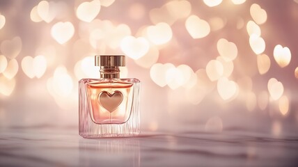 minimal perfume bottle on white marble with golden heart bokeh