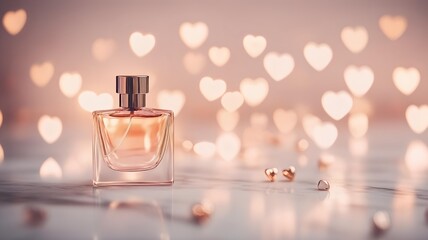 minimal perfume bottle on white marble with golden heart bokeh