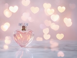 minimal perfume bottle on white marble with golden heart bokeh