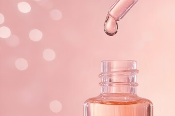premium skincare macro of glass dropper releasing serum drop above frosted bottle