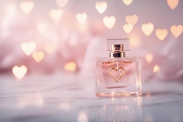 minimal perfume bottle on white marble with golden heart bokeh