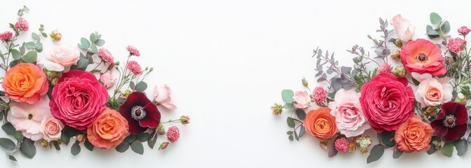 two delicate clusters of pink, coral and red roses, ranunculus and anemone blooms with eucalyptus greenery on a white background, elegant romantic fresh mood