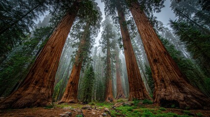 Towering ancient Sequoia trees with immense girth rise majestically through a misty forest landscape.