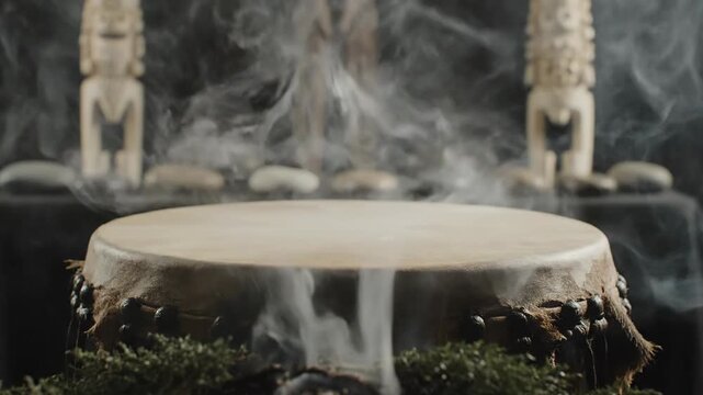 Creating a meditative drum circle ambience with smoke rising from a wooden drum