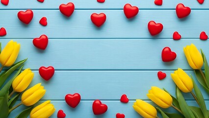 Romantic valentine's day background with red hearts and yellow tulips on blue wooden planks