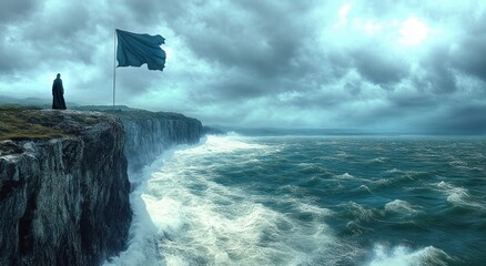 solitary cloaked figure and tattered flag on a windswept cliff overlooking a turbulent stormy ocean beneath dark brooding clouds
