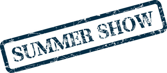 Classic distressed blue rubber stamp mark featuring the phrase Summer Show for seasonal events
